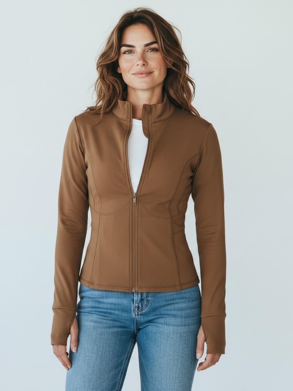 Girlfriend Collective Track Jacket NWT | Medium • Tan • Ruched Front • Sleek